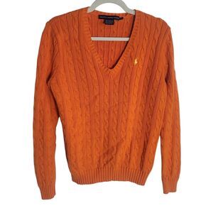 Ralph Lauren Sport Cable Knit V Neck Sweater Womens XL Orange Classic Preppy VTG